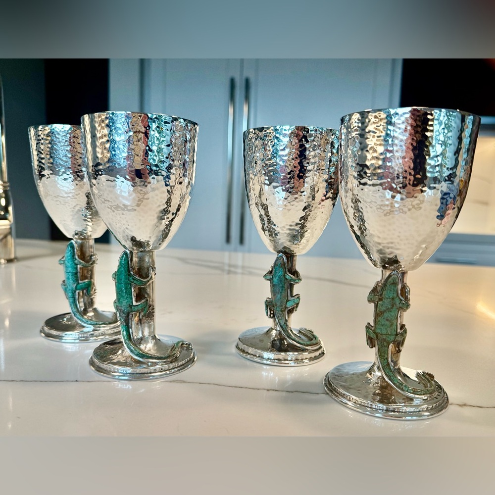 Rare Emilia Castillo Taxco Lizard Goblets Set of 4 Hammered Silver Plate - Picture 2 of 9